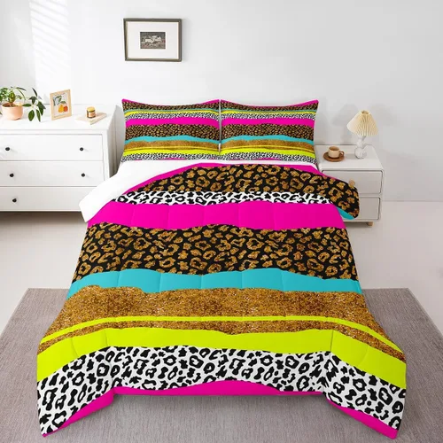 Miniatura 34 de Juego de edredón Manfei Leopardo Rosa Tamaño Individual, Juego de ropa de cama con estampado de cebra negro y blanco 2 piezas para decoración