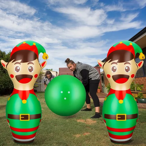 Miniatura 6 de Wettarn Juego de bolos inflables gigantes de Navidad de 27 pulgadas, juego inflable de elfo para niños y adultos, juegos de fiesta de Navidad