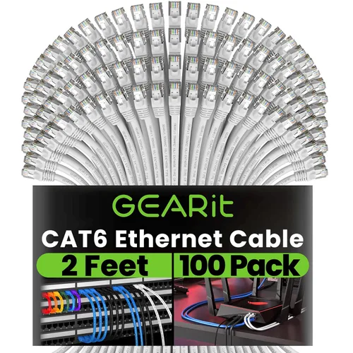 Miniatura 24 de GEARit Paquete de 100 cables Ethernet Cat6 de 0.5 pies Cable de conexión de red RJ45, conectores chapados en oro sin enganches de 10 Gbps, cable
