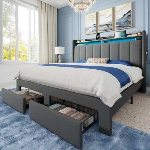 Allewie - Base de cama con plataforma de tamaño Queen, tapizada, con cabecero acolchado con botones verticales, 2 niveles de almacenamiento con Gris