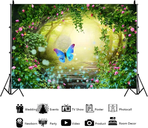 Miniatura 3 de YongFoto Telón de fondo de bosque de primavera de 5 x 3 pies, jardín encantado, flores rosas, hojas, cuento de hadas, país de las maravillas