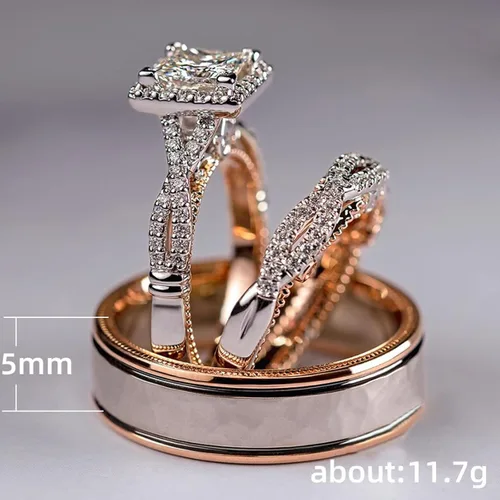Miniatura 6 de Engagement rings for couples set,3 pc His and Her Wedding Ring Set, Hypoallergenic Rose Gold Ring Set, Cubic Zirconia Bride Promise Rings Set