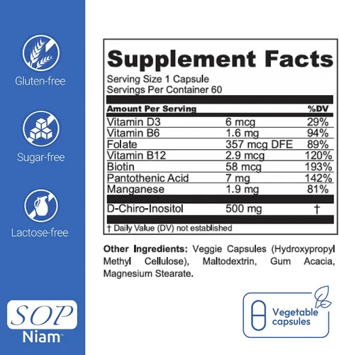 Miniatura 7 de D-Chiro - Suplemento de inositol para mujer con ácido fólico, vitamina B6, B12, D3 y biotina Fórmula de bienestar diario 60 cápsulas veganas