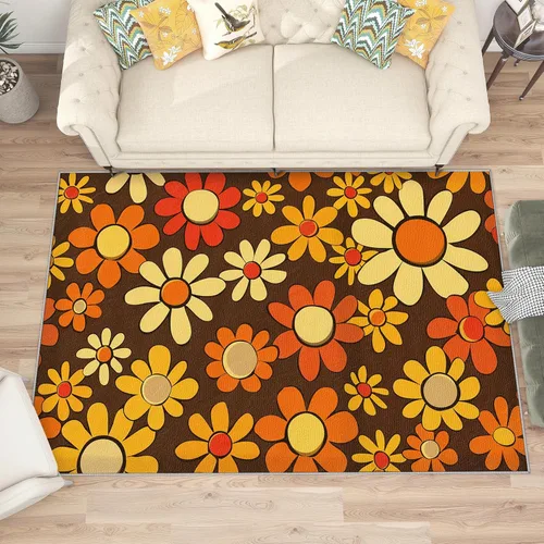 Miniatura 2 de Alfombra retro Groovy Flower para niños, alfombra de 2 x 3, alfombra de área de flores retro, hippie de los años 70, lavable, antideslizante
