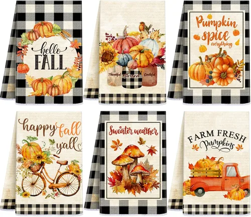 Ganeen Juego de 6 toallas de mano de Acción de Gracias con texto en inglés «Hello Fall» en blanco y negro, vintage, calabaza, camión, motero,