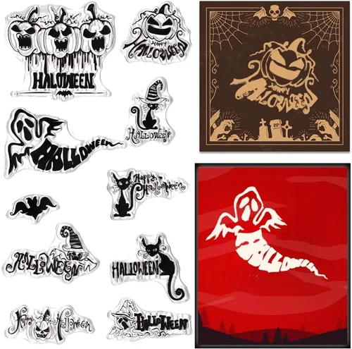 Miniatura 8 de Hying Sello transparente de calabaza de Halloween, fantasma, para hacer tarjetas, murciélagos de Halloween, sellos de goma de araña, bruja y gato