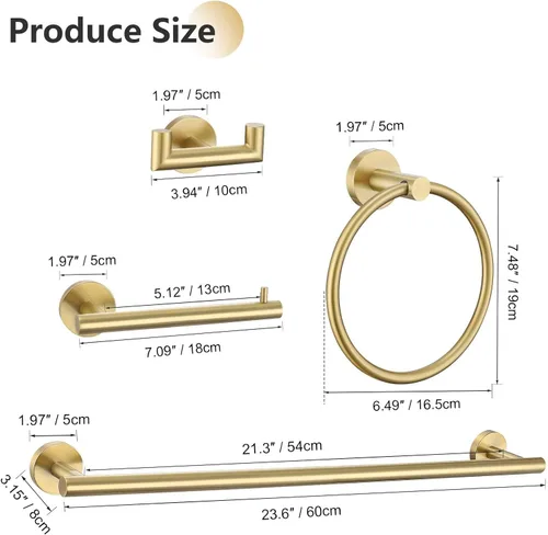 Miniatura 6 de Juego de 5 piezas de toallero, accesorios de baño de hardware de oro cepillado que incluye toallero de 60 cm, soporte de papel higiénico, anillo