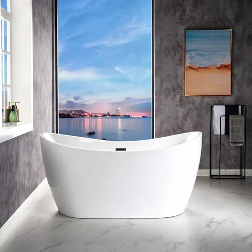 WOODBRIDGE Bañera de acrílico independiente de 59 pulgadas, bañera blanca de remojo contemporáneo con desbordamiento y drenaje negro mate, B0016 B/M