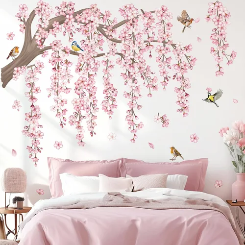 Miniatura 2 de decalmile Calcomanías de Pared Grandes de Rama de Árbol de Flores Rosadas Cerezo en Flor Árbol Floral Pájaros Pegatinas de Pared Sala de Estar