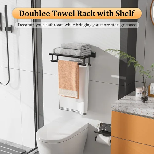 Miniatura 6 de Alise - Toallero para baño con montaje en pared, soporte de toallas de baño con doble barra para toallas y estante, 40.6 cm, SUS304 de acero Negro