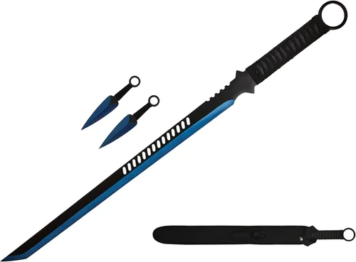 Wartech K1020-65-BL 440 espada machete de ninja de acero inoxidable con cuchillos para lanzar (2 piezas), 27 pulgadas, azul