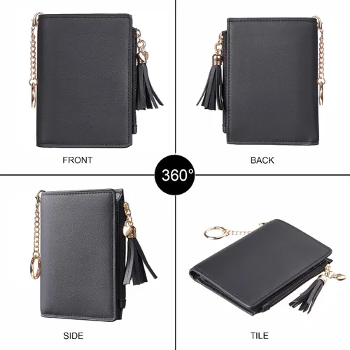 Miniatura 4 de Gostwo Mini monedero delgado plegable para mujer con borla y bolsillo con cremallera para monedas, Negro con llavero, Moda