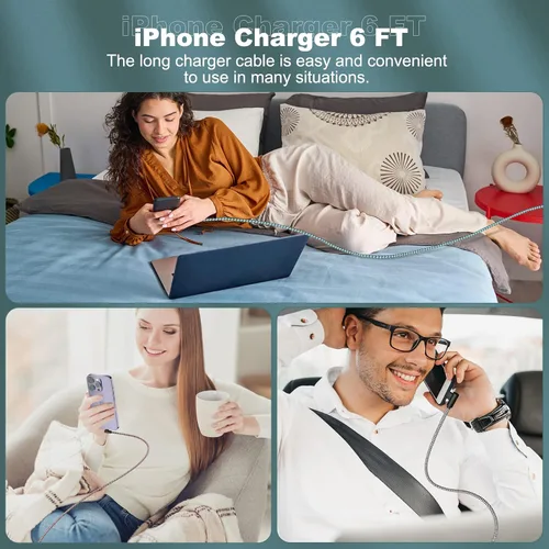 Miniatura 6 de Paquete de 3 cargadores de iPhone de 6 pies [certificado Apple MFi] Cable Lightning de ángulo recto de carga rápida, cable de automóvil para iPhone