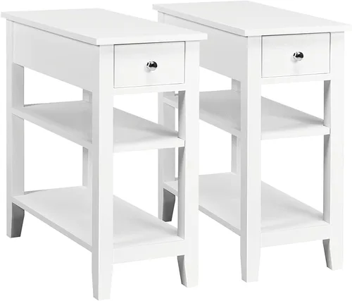 Miniatura 9 de GOFLAME Mesa auxiliar estrecha, mesita de noche de 3 niveles con cajón y 2 estantes de almacenamiento abiertos, mesa auxiliar pequeña para espacios