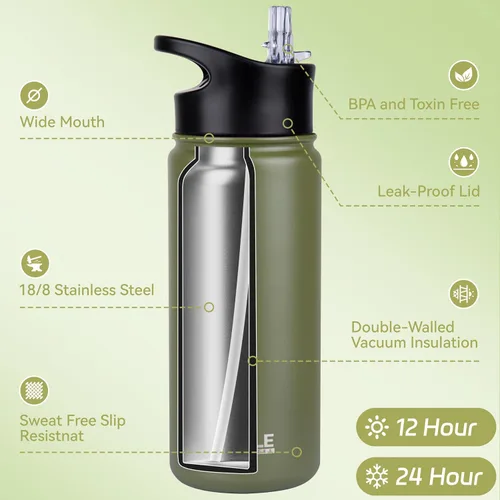 Miniatura 2 de HASLE OUTFITTERS Botella de agua aislada de 16 onzas para niños, botella de agua de acero inoxidable de doble pared al vacío, a prueba de fugas