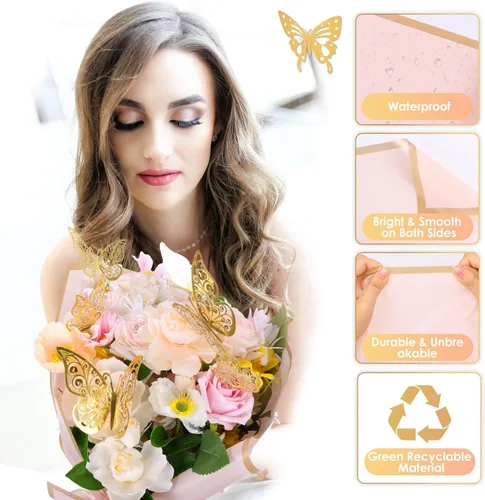 Miniatura 4 de ROADPLUM 20 hojas de papel de regalo de flores, kit de ramo de papel de regalo floral rosa con 100 alfileres de ramo de diamantes, 60 mariposas