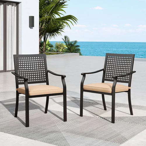 MFSTUDIO Juego de 2 sillas de comedor al aire libre, sillas de metal para patio, sillas de comedor de hierro forjado negro con cojín para terraza,