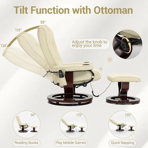 Miniatura 6 de Sillón reclinable de masaje de 8 puntos con otomana, silla reclinable de piel sintética climatizada con base de madera maciza, silla de TV