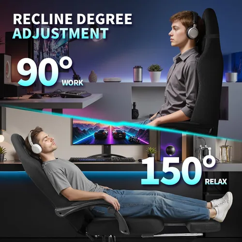 Miniatura 7 de Silla de juegos, sillas de juegos grandes y altas para adultos con reposapiés y soporte lumbar, cómoda silla de computadora de tela ergonómica