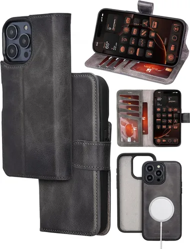 Miniatura 14 de Bayelon Funda tipo cartera para iPhone 15 Pro Max, de cuero de grano completo, cubierta abatible magnética desmontable, tarjetero, funda tipo Marrón