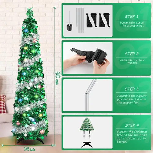 Miniatura 2 de Árboles de Navidad de 5 pies con 90 luces coloridas, árbol de Navidad plegable de lentejuelas artificiales, árbol de Navidad de oropel alto y Plata