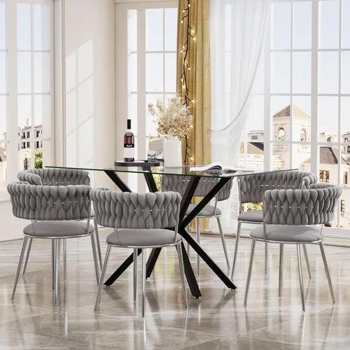 Miniatura 29 de Juego de mesa de comedor de cristal negro de 47 pulgadas para 4, juego de mesa de cocina minimalista moderno y 4 sillas de comedor de terciopelo
