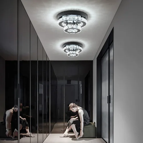 Miniatura 8 de Lámpara de araña de cristal moderna de 9.8 pulgadas con montaje empotrado al techo, mini lámpara de araña negra con iluminación LED para dormitorio