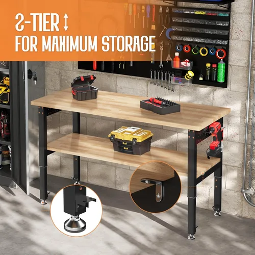 Miniatura 4 de SPECRAFT Banco de trabajo ajustable de 2 niveles de 48 x 20 pulgadas con 4 salidas de CA y 2 puertos USB, banco de trabajo resistente de capacidad