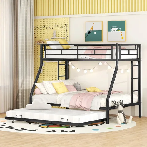 Merax Litera de metal con cama nido individual, litera individual sobre matrimonial con barandillas de seguridad y escaleras de dos lados, no Negro