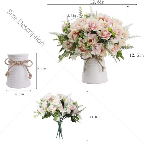 Miniatura 4 de LESING Flores artificiales con jarrón para centros de mesa, flor de gardenia de seda falsa en decoración de jarrón para fiesta en casa oficina (rosa)