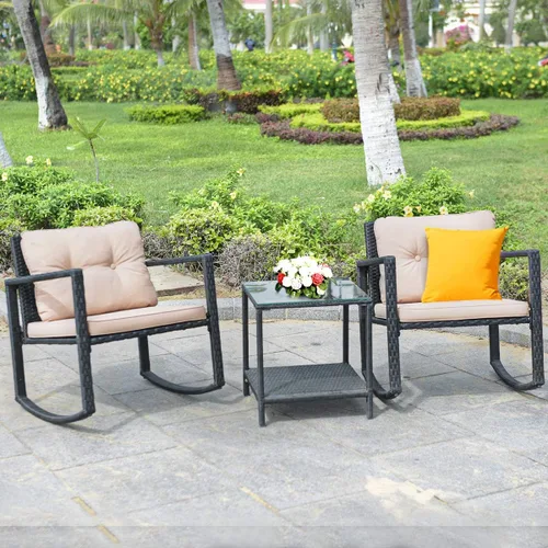 Miniatura 3 de Tangkula Juego de 3 mecedoras de mimbre para patio, mecedoras al aire libre y mesa con cojines, mesa de centro de cristal con estante de Beige