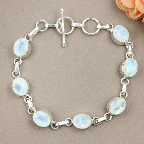 Miniatura 3 de Oval Shape Natural Gemstones Statement Bracelet for Women - 925 Silver Plated Handmade Birthstone Bohemian Vintage Style Women's Jewelry Gifts for