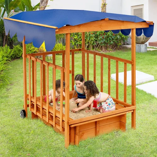 Miniatura 8 de HONEY JOY Caja de arena 3 en 1 para niños con casa de juegos y toldo, madera de cedro sin fondo para patio trasero con ruedas, barandillas