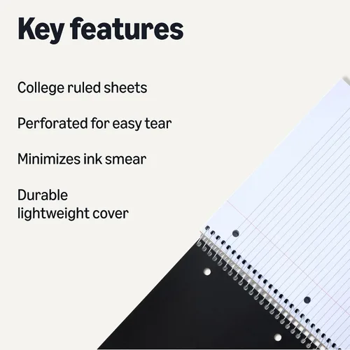 Miniatura 2 de Amazon Basics Cuaderno en espiral con líneas universitarias, 3 materias, 150 hojas, 8.5 x 11 pulgadas, Negro