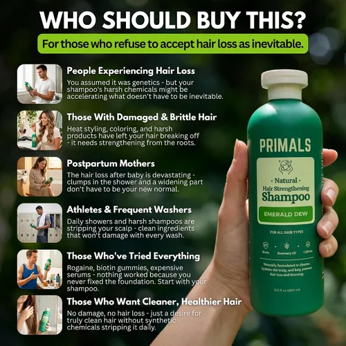 Miniatura 6 de PRIMALS Champú fortalecedor del cabello, cafeína, biotina, miel cruda, aceite de romero, antiadelgazamiento del cabello, ingredientes naturales