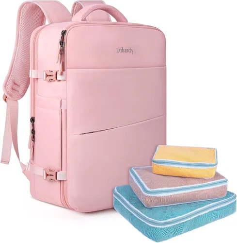Lubardy Mochila de viaje para laptop 40L, aprobada para vuelos, mochila de mano para hombres y mujeres, Grande, Viajes Rosa (mochila con 3 cubos de