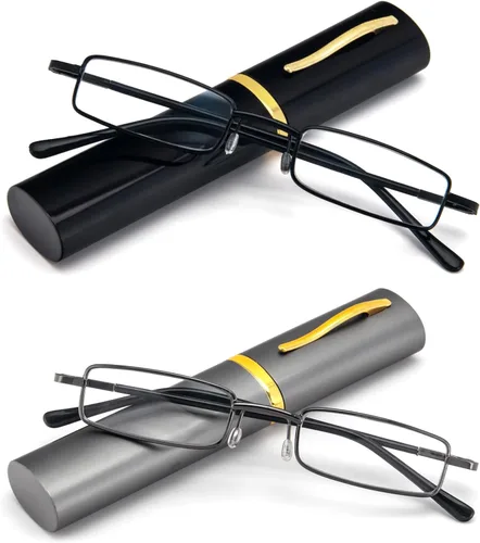 REAVEE - 2 unidades de gafas de lectura con bolígrafo delgado para hombres y mujeres, tamaño pequeño de bolsillo, tubo con bisagra de resorte y