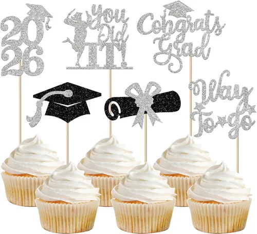 Miniatura 65 de Paquete de 24 adornos para cupcakes de clase 2025 con purpurina 2025 para diploma de graduación 2025 para cupcakes temáticos de graduación 2025