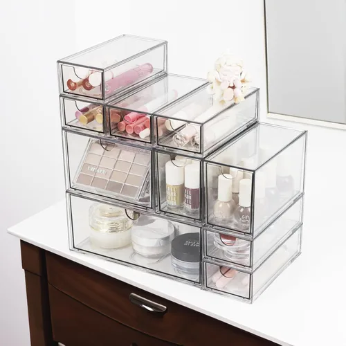 Miniatura 7 de Organizador de maquillaje acrílico, 10 cajones, organizador de almacenamiento transparente, cajones de almacenamiento apilables de escritorio