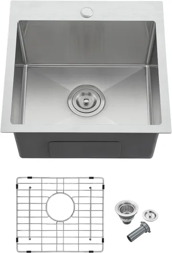 Fregadero de cocina de 18 x 18 pulgadas, fregadero pequeño de acero inoxidable 304 con ranura de drenaje en forma de X y rejilla inferior, fregadero