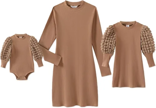 PATPAT Mommy and Me - Trajes a juego para familia, color liso, acanalado, cuello redondo, sin mangas, casual, vestidos marrones de verano