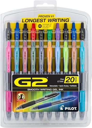 Pilot - Bolígrafos con tinta en gel G2 de alta calidad, punta fina 0.7 mm, colores surtidos, 20 unidades Clásico surtido