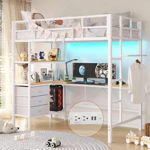 Miniatura 11 de DICTAC Cama alta individual con escritorio en forma de L, luces LED, estación de carga LED de metal para niños, cama tipo loft tamaño individual
