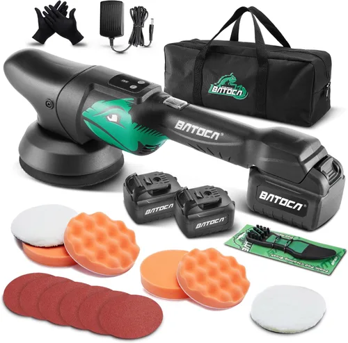 BATOCA Pulidora inalámbrica de 21 V para automóviles, kit de amortiguador de coche alimentado por batería de litio de 2.0 Ah, orbital de 4500 RPM