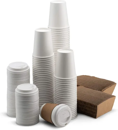 NYHI Paquete de 200 vasos desechables de papel blanco de 8 onzas con tapas y fundas para bebidas frías y calientes, para agua, jugo, té o café,