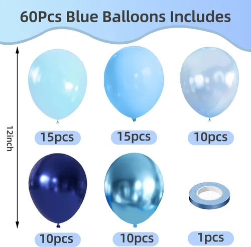 Miniatura 2 de Globos azules, 60 globos de látex de 12 pulgadas azul marino metálico azul marino perla claro cromado azul para cumpleaños, graduación, día