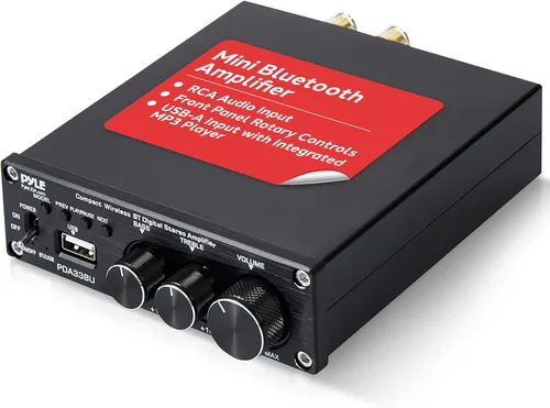 Pyle Amplificador de potencia estéreo inalámbrico de 2.1 canales - Mini amplificador Bluetooth de 200 W con reproductor USB, entrada RCA, salida de