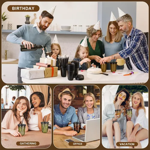 Miniatura 9 de KesaPlan Paquete de 50 tazas de plástico negro de 16 onzas con tapas y pajitas, taza de café helado desechable con tapas, tazas de fondo redondo