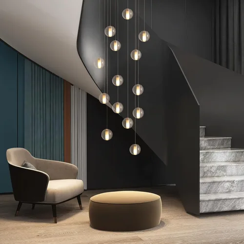 Miniatura 13 de Lámpara de escalera de 25 luces para techo alto, lámpara colgante de gota de lluvia de cristal moderno ajustable, luz colgante larga y grande
