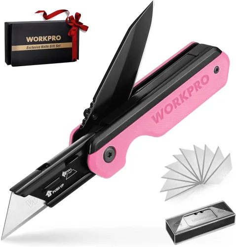 Miniatura 9 de WORKPRO Cuchillo plegable 2 en 1/cuchillo utilitario, regalos para papá, cortador de caja de cambio rápido con clip para cinturón y bloqueo de Madera